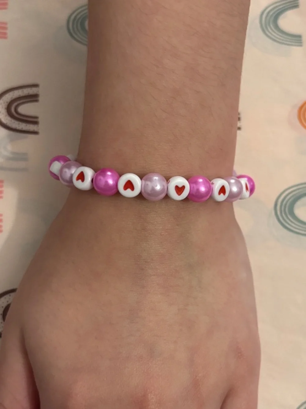 Girls Pink Heart Pearl Bead Stretch Bracelet